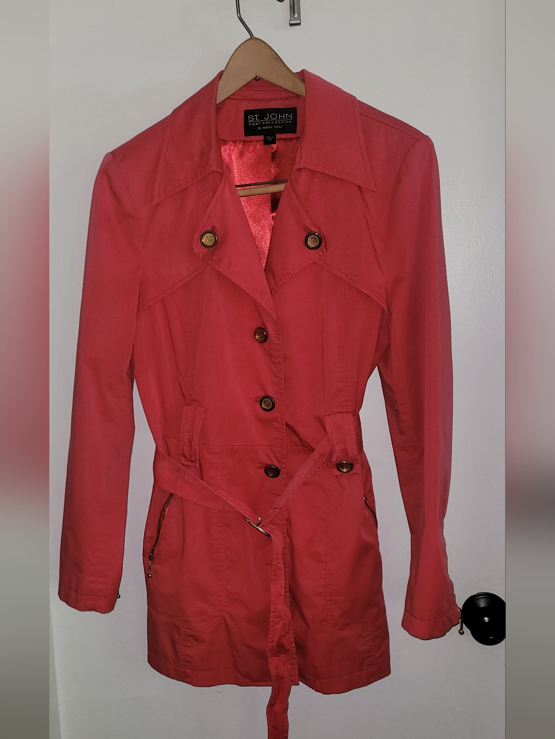 St.John Coat Collection By Marie Gray - Red Coat Double Breasted Gold Button